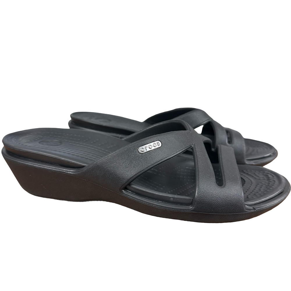 Crocs Patricia Wedge Slides Black Sandals Slip On Comfort Shoes Resort sz 9